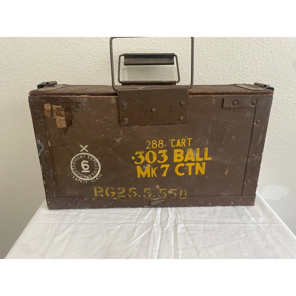 Vintage .303 Ball Mk 7 Ammo Crate Military Wooden Box Brown Fair Stenciled Latch